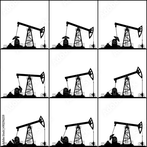 Silhouette Pumpjack or Oil Pump, Different Positions Working Oil Pumps, Isolated, Black and White Vector Illustration