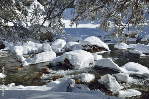 Non-freezing river in the winter mountain
