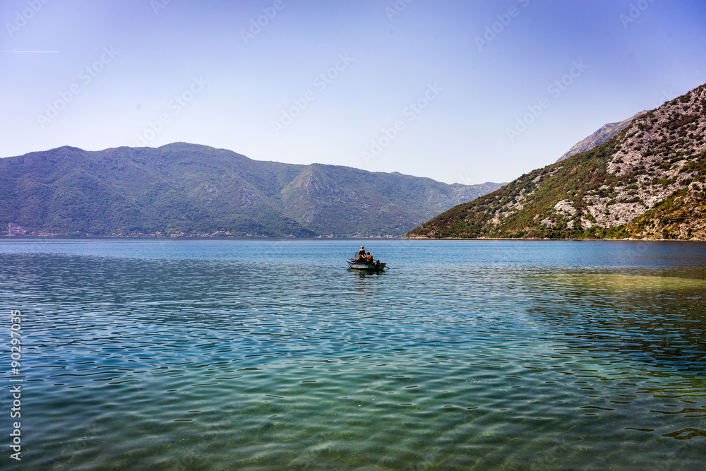 mountain lakes and boat, Montenegro, Kotor