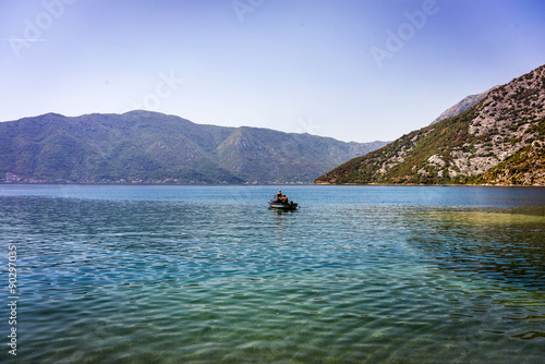 mountain lakes and boat, Montenegro, Kotor