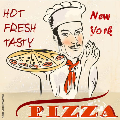 Pizza poster with waiter or cook holding hot fresh New York pizz