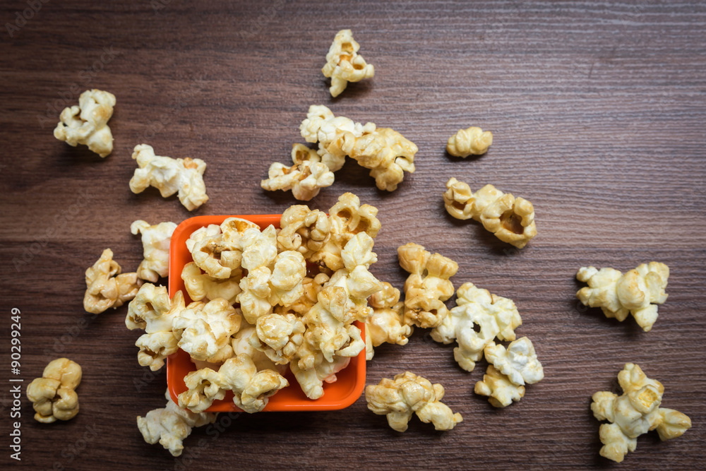 Top view pop corn on the table for background Top view pop corn on the table for background
