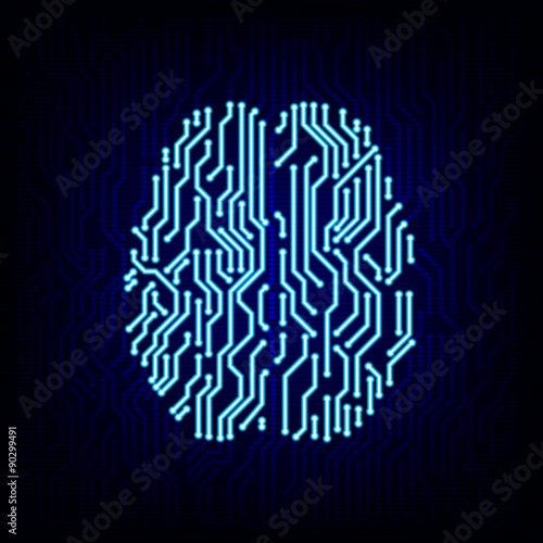 Artificial intelligence concept. Circuit board brain logo icon on the digital high tech style vector background.