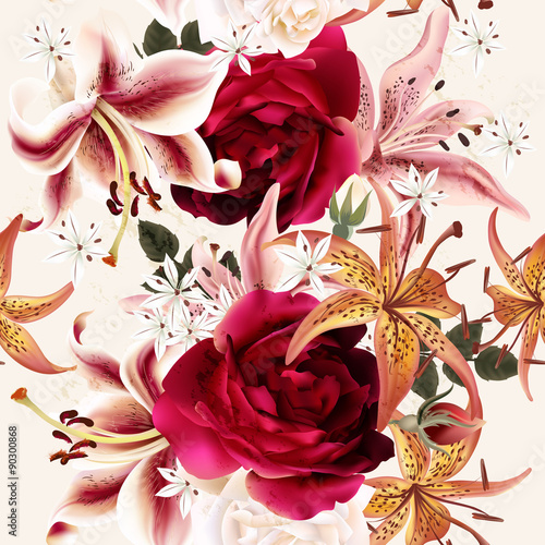 Beautiful seamless floral pattern with roses in watercolor style