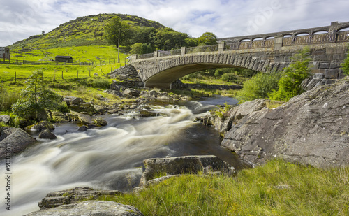 Bild auf Leinwand Long exposure of bridge with Claerwen Dam behind, Elan Valley, Wales, UK