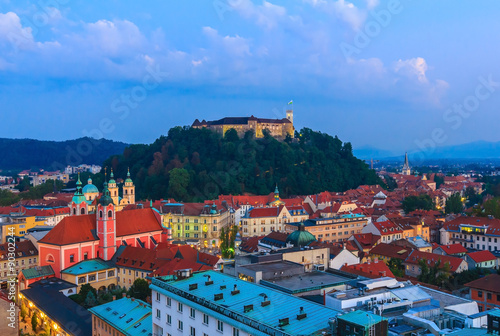 Panorama of the Slovenian capital Ljubljana at sunset; Slovenia, Europe