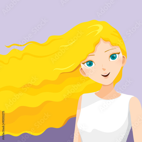Long blond hair of young woman, blowing in the wind, hairstyles, beauty, on green background