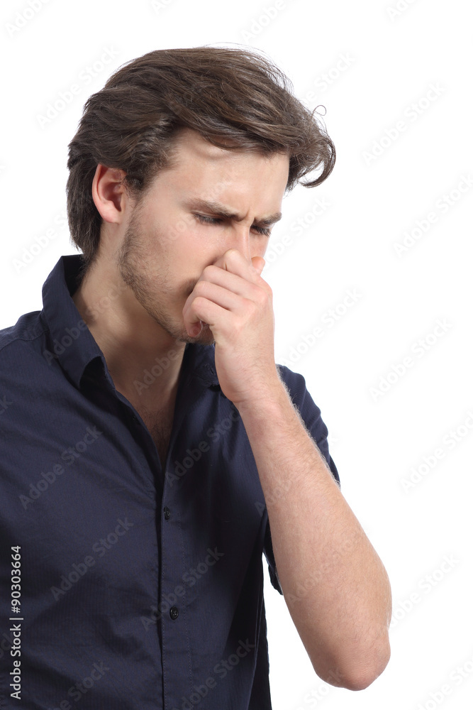 Man holding his nose because of the stink Man holding his nose because of the stink