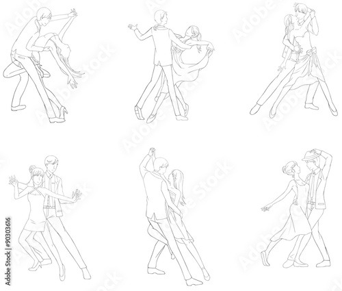 A cartoon drawing icon of dancing couple sport for both man and woman in action and dancer fashion clothing, vector 
