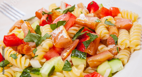 pasta salad with smoked salmon and vegetables
