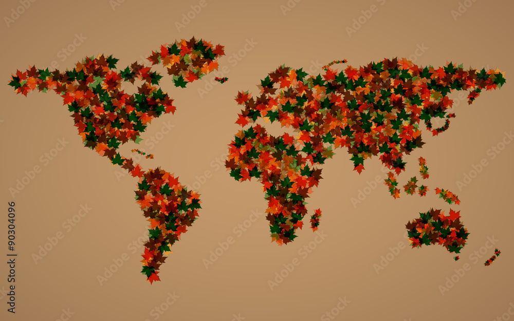 Fototapeta premium World map of maple leaves. Vector background. Eps 10
