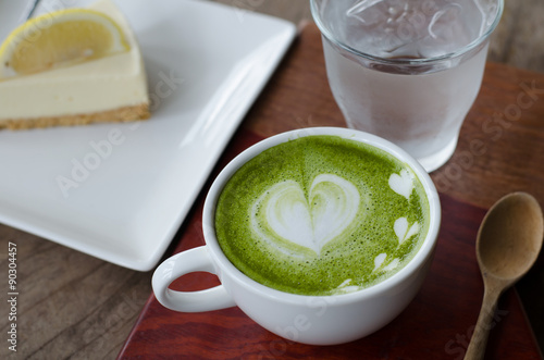 Green tea Latte/Matcha tea art and lemon cake photo