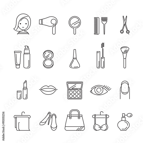 Ladies fashion, cosmetics and  beauty linear icons set, accessories, equipment, hairdressing, makeup, shopping
