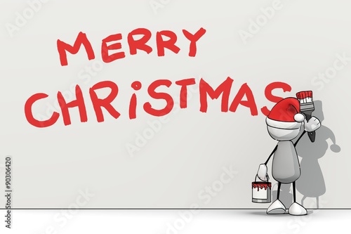 little sketchy man with santa hat painting merry christmas on a wall