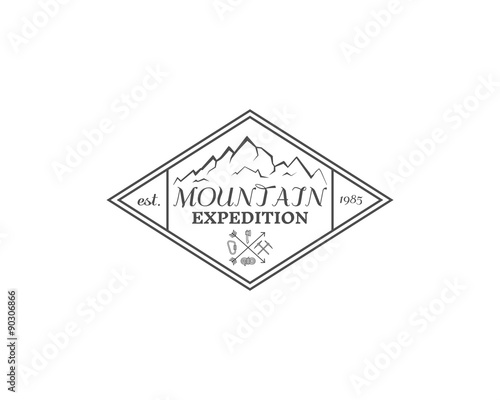 Summer mountain camp badge, logo, label and icon template. Travel, hiking, climbing style. Outdoor emblem. Best for adventure sites, company etc. On white background. Vector