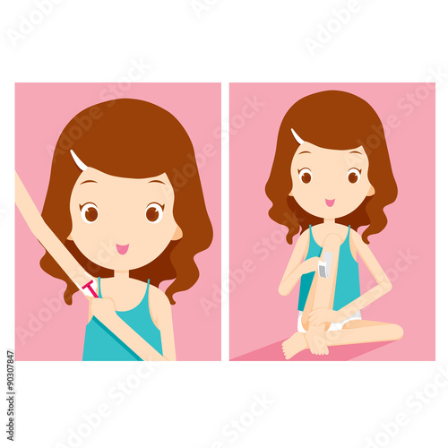 Girl shaving armpit and waxing leg, beauty, cosmetic, healthy, lifestyle 