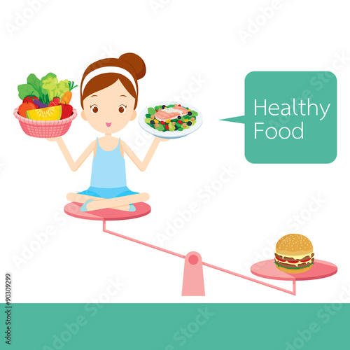 Cute girl and useful foods balancing with useless foods on scale, healthy, organic, nutrition, medicine, mental and physical health