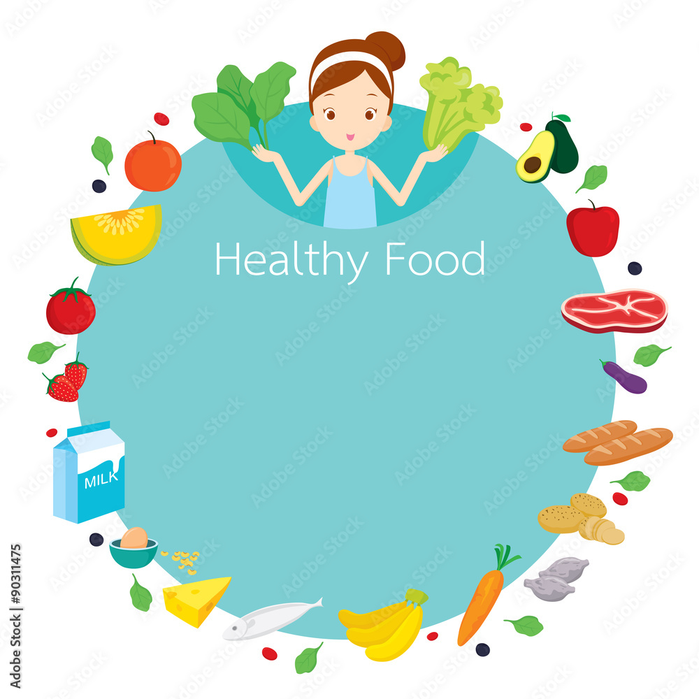 Fototapeta premium Cute girl and useful food objects icons on round frame, healthy, organic, nutrition, medicine, mental and physical health, category