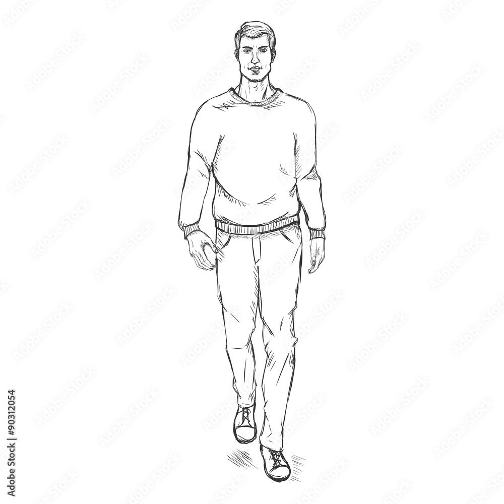 Vector Sketch Fashion Male Model in Trousers and Sweatshirt