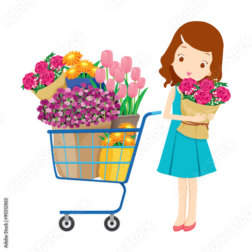 Girl and shopping cart full of flowers, goods, food, beverage, beauty, lifestyle