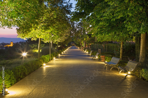 Granada - The Generalife gardens of Alhambra palace at dusk.