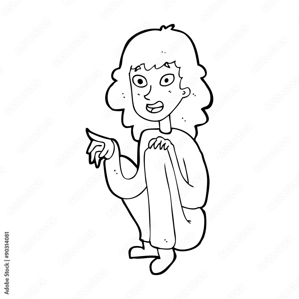 cartoon happy woman sitting and pointing cartoon happy woman sitting and pointing