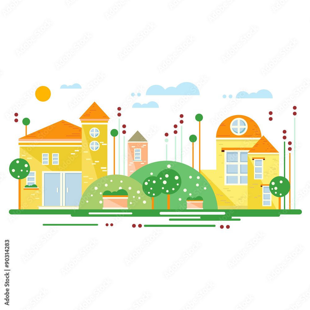 Green landscape with city trees the road flowers, beautiful Green landscape with city trees the road flowers, beautiful