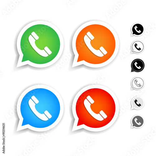 Green, orange, blue, red phone handset in speech bubble vector icons set. Black and white versions. Isolated vector illustrations.
