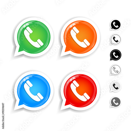 Glossy green, orange, blue, red phone handset in speech bubble vector icons set. Black and white versions. Isolated vector illustrations.