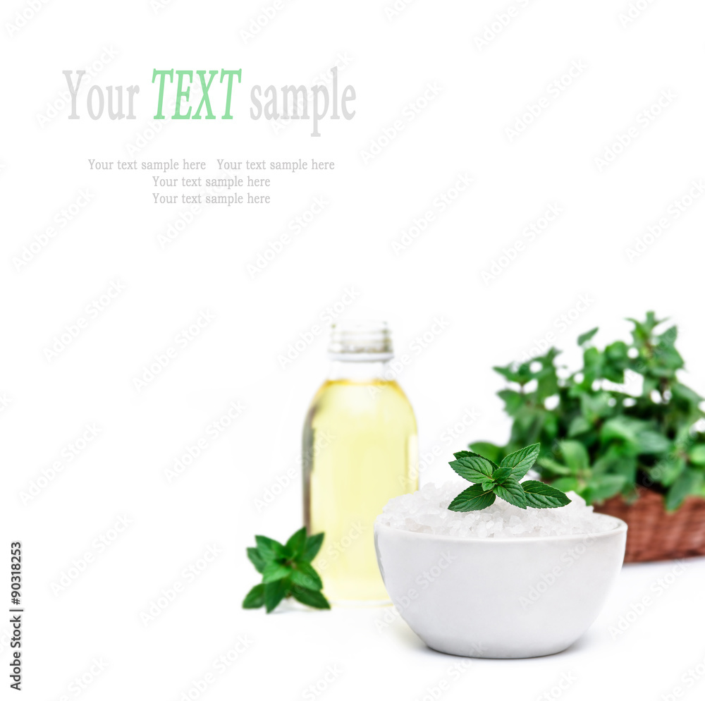 Spa and wellness setting sea salt, oil essence and mint isolate Spa and wellness setting sea salt, oil essence and mint isolate