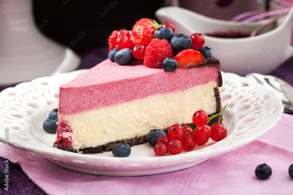 Portion of delicious raspberry cheesecake Portion of delicious raspberry cheesecake