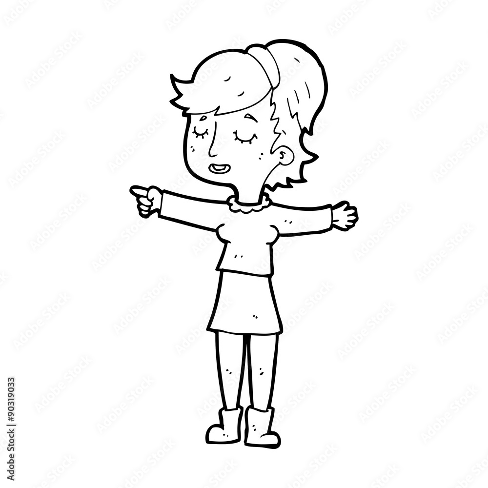 cartoon happy woman pointing cartoon happy woman pointing