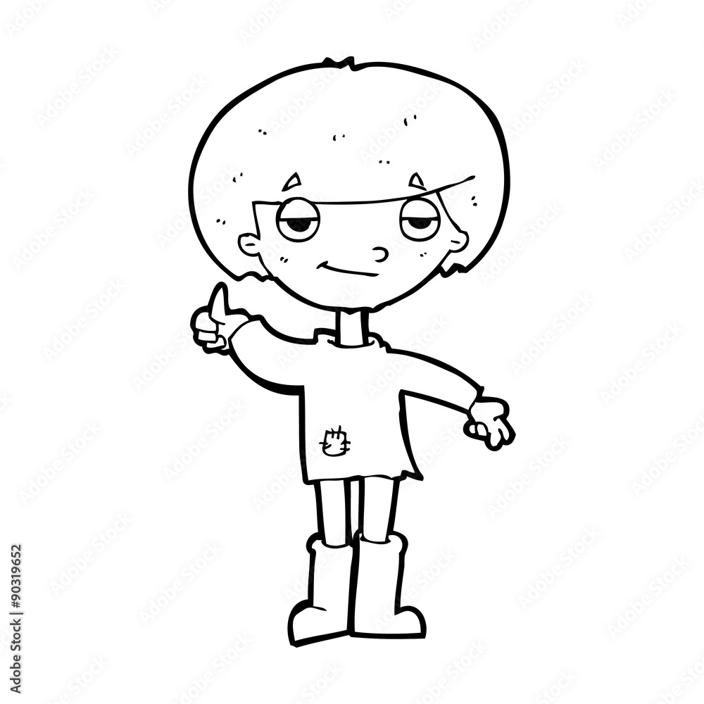 cartoon boy in poor clothing giving thumbs up symbol
