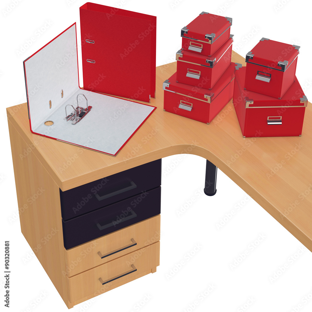 Red colored office folders and paper boxes. 3d graphic Red colored office folders and paper boxes. 3d graphic
