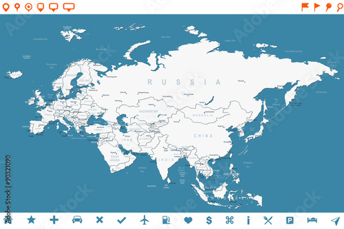 Eurasia map - highly detailed vector illustration. Image contains land contours, country and land names, city names, water object names, navigation icons.