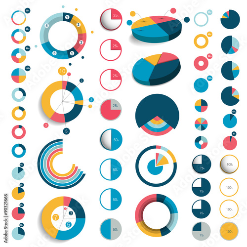 Mega set of 3d, plastic and flat circle, round charts, graphs.