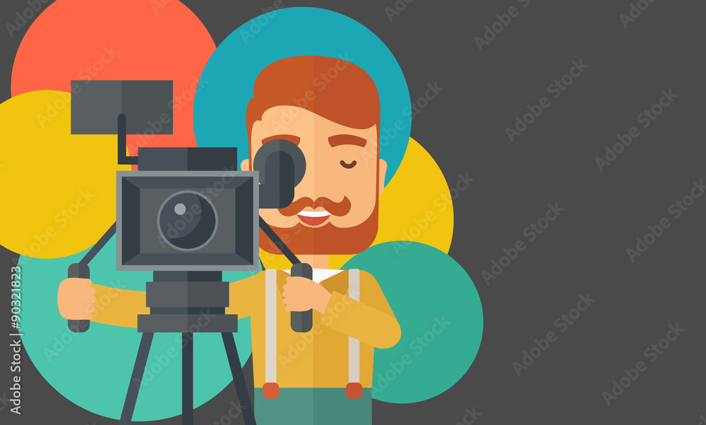 Videographer and his video cam with stand. Videographer and his video cam with stand.
