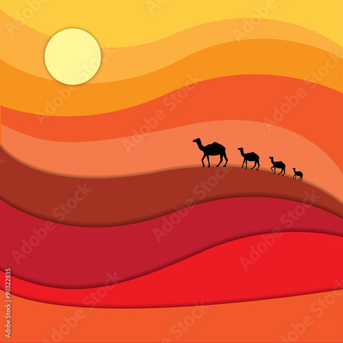 Camels caravan across desert