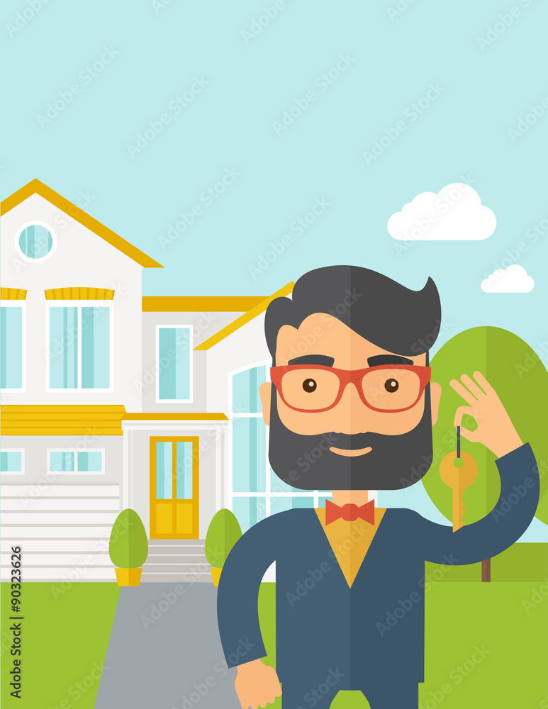 Real estate agent holding a key infront of the house Real estate agent holding a key infront of the house