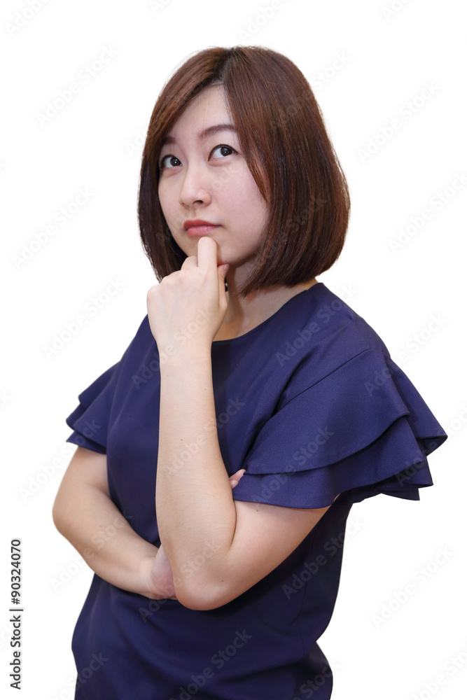 isolated thoughtful asian woman with hand on her chin isolated thoughtful asian woman with hand on her chin