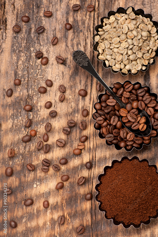 Various coffee. Green raw coffee, ground coffee, roasted coffee beans. Top view Various coffee. Green raw coffee, ground coffee, roasted coffee beans. Top view