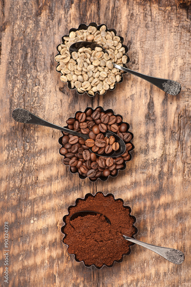 Obraz premium Various types coffee. Green raw coffee, ground coffee, roasted coffee beans