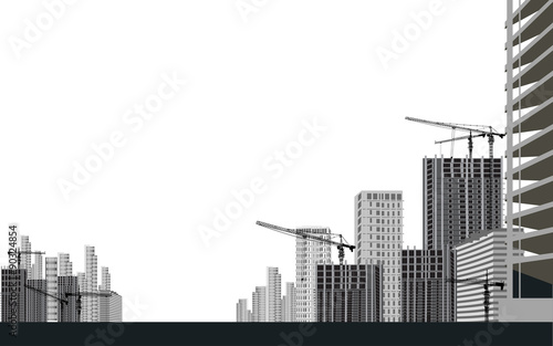 house building and grey cranes isolated on white