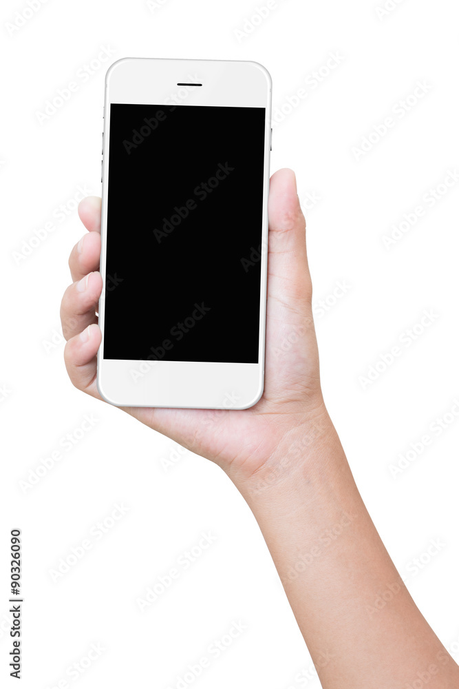 closeup hand holding phone isolated with clipping path closeup hand holding phone isolated with clipping path
