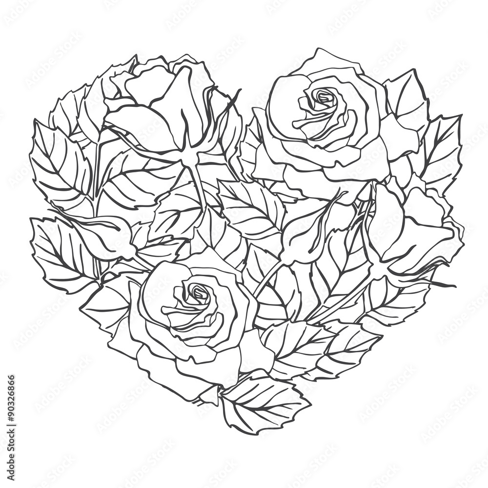 Vector line rose heart shape illustration. - obrazy, fototapety, plakaty 