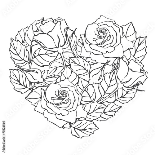 Vector line rose heart shape illustration.