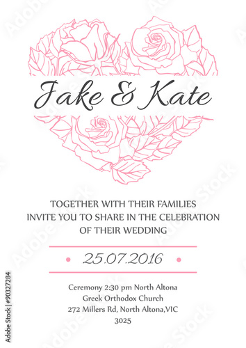 Vector delicate wedding invitation card template with line rose