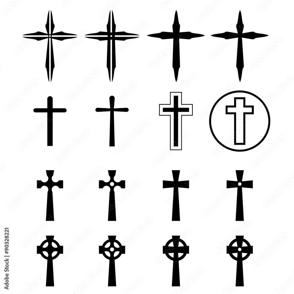 Set of crucifix and cross silhouette in modern