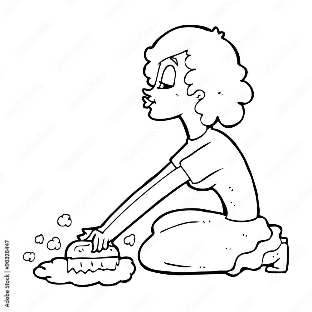 cartoon woman scrubbing floor