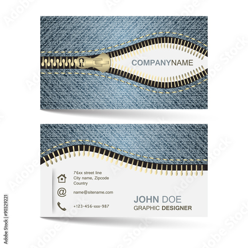 Business card template with denim jeans pattern and zipper. Vector illustration for your creative design and company or individual presentation.